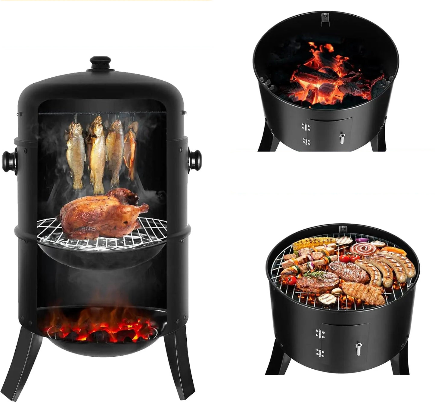 BBQ - BBQ Houtskool - Smoker - 3-in-1 - Ø45cm - Verticale - Barbecue -  met Thermometer, Deksel en 2 Roestvrijstalen Roosters – Klassiek Model voor Buiten - Rookoven - Ronde