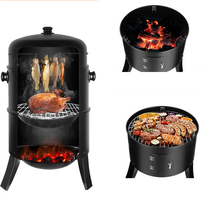 BBQ - BBQ Houtskool - Smoker - 3-in-1 - Ø45cm - Verticale - Barbecue -  met Thermometer, Deksel en 2 Roestvrijstalen Roosters – Klassiek Model voor Buiten - Rookoven - Ronde