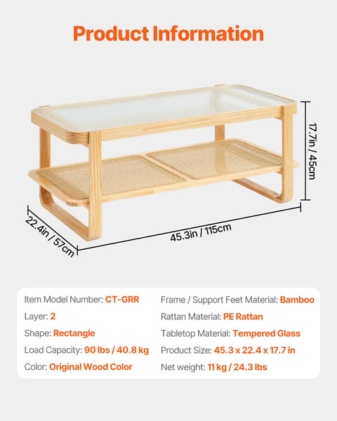 Koffietafel - Table - Coffe table - Living Room Table - Rotan salontafel - Rechthoekige salontafel - Moderne Boho-stijl - 2 lagen opbergruimte - Salontafel voor woonkamer/slaapkamer - 45 inch