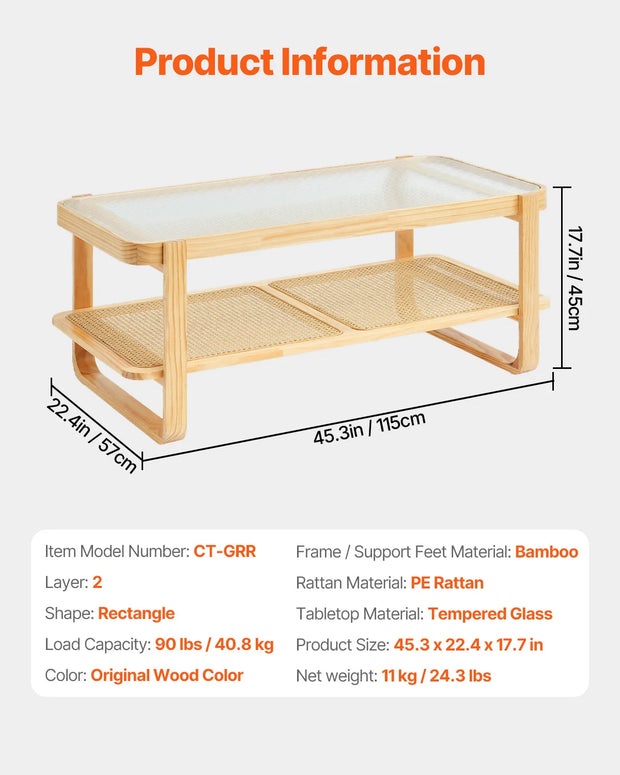 Koffietafel - Table - Coffe table - Living Room Table - Rotan salontafel - Rechthoekige salontafel - Moderne Boho-stijl - 2 lagen opbergruimte - Salontafel voor woonkamer/slaapkamer - 45 inch