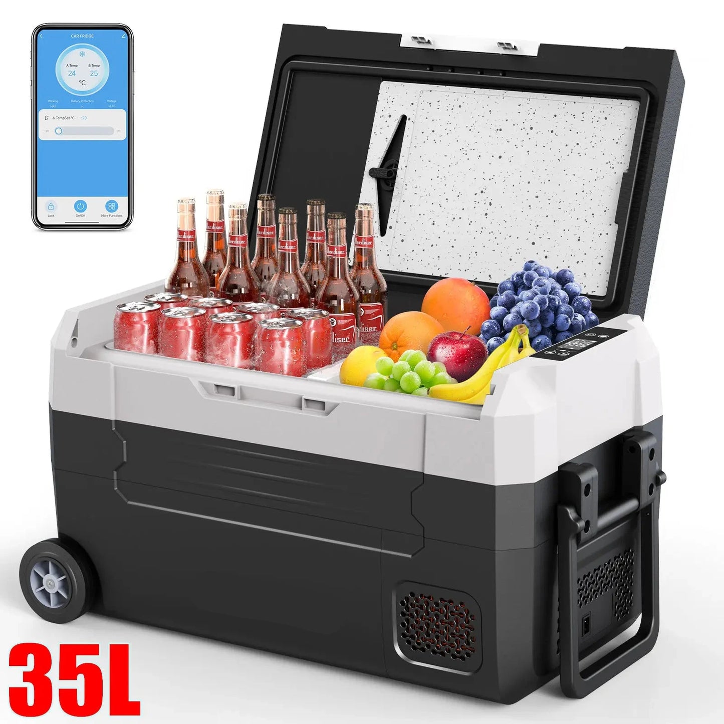 Auto Koelbox - Compressor Koelbox - Auto Koelkast - Compressor Koelkast - Frigobox - Draagbare - 35L- met Bluetooth - Dual Zone - Vriezer & Koeler - -20°C tot 20°C - 12V/24V & 230V - Met Wieltjes - voor Auto - Camper - Outdoor