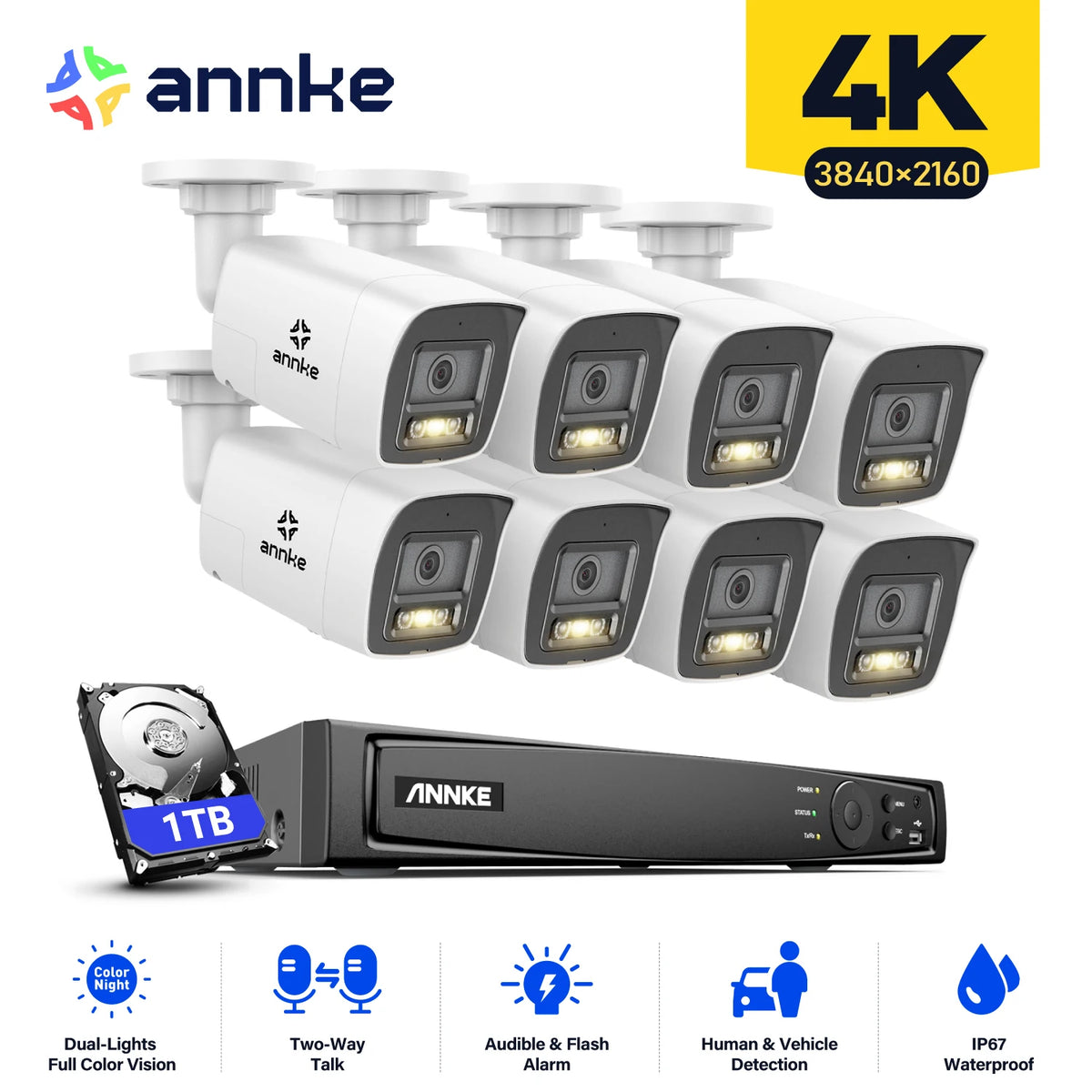 Annke - N48PAW-91DH - Beveiligingscamerasysteem - 8CH POE 8MP - Openlucht - Bewakingscamera - Beveiligingscamera - NTSC,PAL - Beveiligingscamerasysteem - 4 stuk - Wit