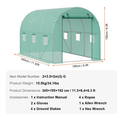 Walk-in Tunnelkas - Tuinkas - Tunnelserre - Grote - Stalen Frame - Weerbestendige - Plantenkas met Vensters - Voor Tuin - en Kleine Boerderij - 12x7x7ft - Groen