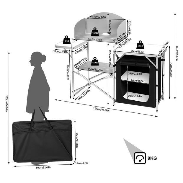 Camping cupboard - Camping kitchen - Camping kitchen - Cooking table - BBQ table - Cooking storage - White Black - Wind protection