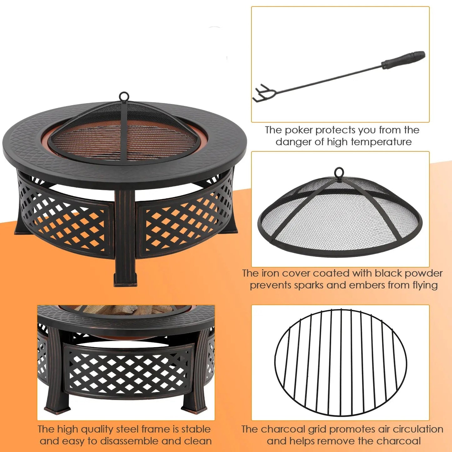 Vuurkorf - Vuurschaal - 3-in-1 - BBQ Grill - Schaal - met Grillrooster en Vonkenscherm – Grote Ø81 cm - Vuurbak voor Barbecue, Verwarming en Lounge - Bonfeu - Zwart