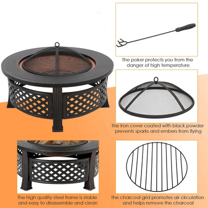 Vuurkorf - Vuurschaal - 3-in-1 - BBQ Grill - Schaal - met Grillrooster en Vonkenscherm – Grote Ø81 cm - Vuurbak voor Barbecue, Verwarming en Lounge - Bonfeu - Zwart