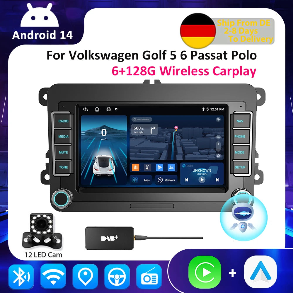 ESSGOO Android 14 6G 128G Carplay Car Radio For Volkswagen Passat b6 b7 golf 5 6 Polo Jetta Skoda Multimedia Player GPS WiFi RDS