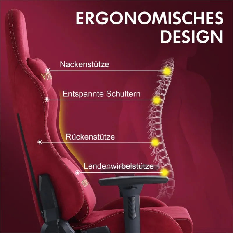 Ergonomische Gamingstoel – Bureaustoel – Bureaustoel – Gamestoel – Relaxstoel – Verstelbare Rugleuning – Ingebouwde Voetensteun – Faux Suede – 10 cm Dikke Schuimzitting – Wijnrood