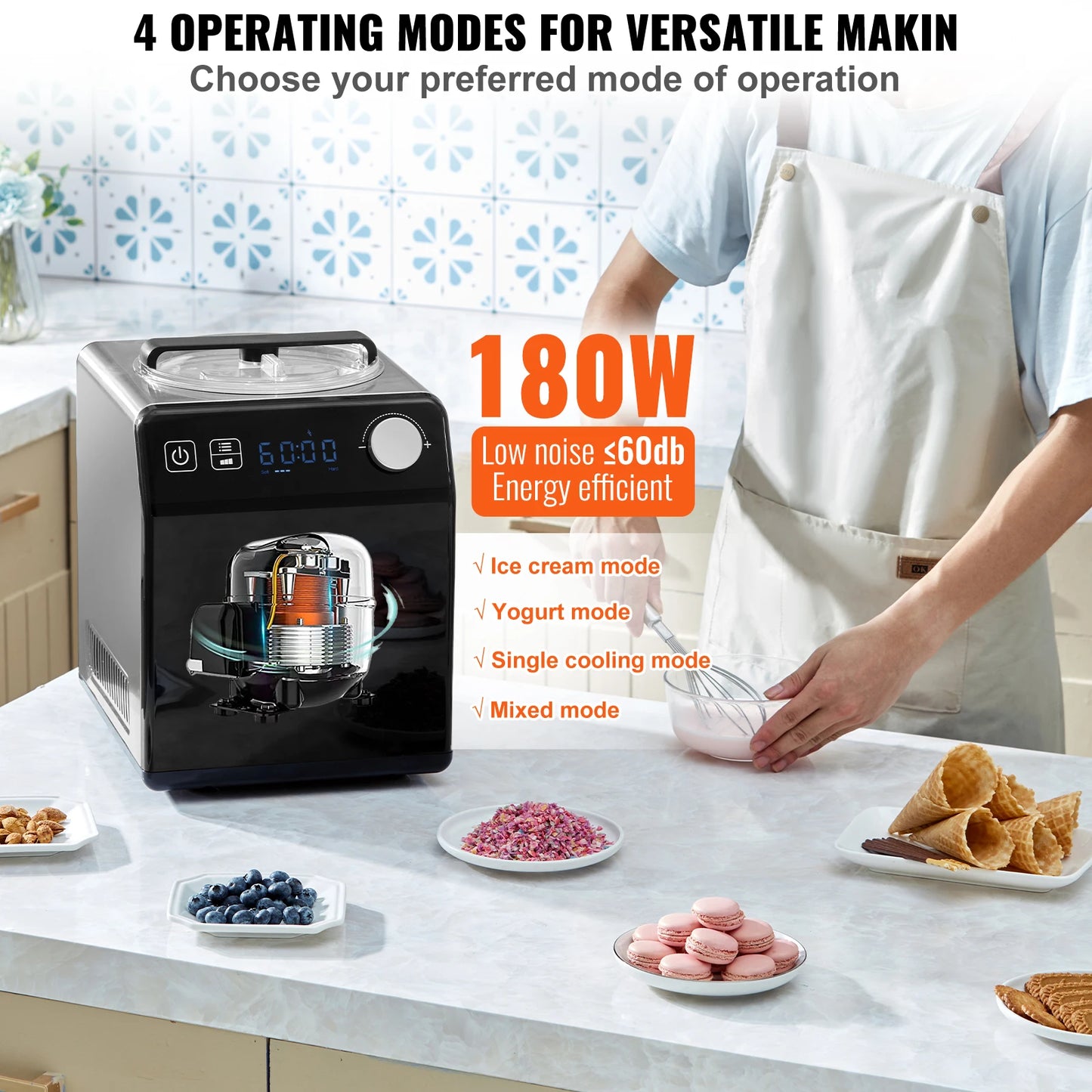 IJsmachine - IJsmaker - Automatisch - Horizontale 2QT - 180W - <60dB - met Lepel - Handleiding - Receptenboek - Maatbeker - Mengstaaf - Zwart/Zilver