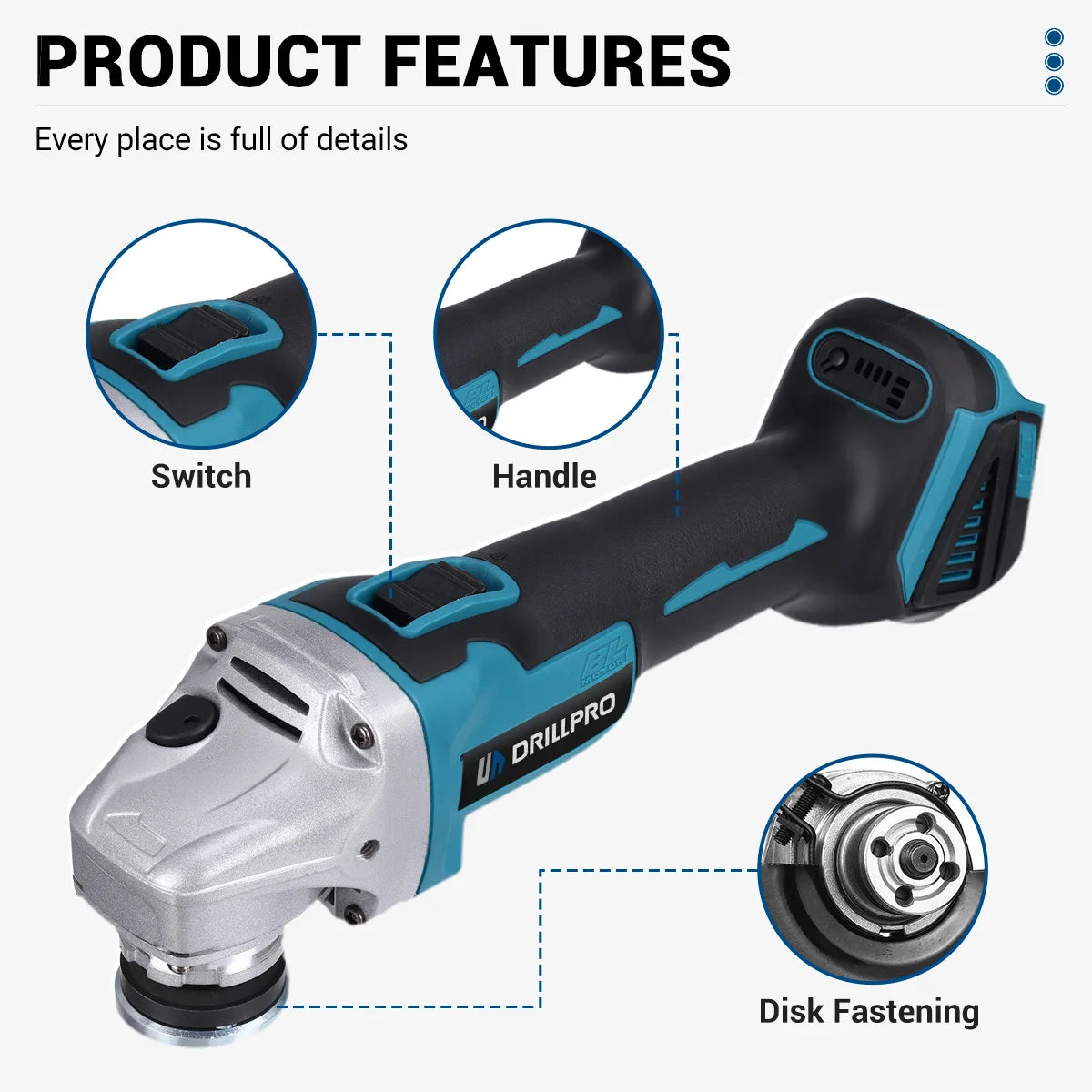 Drillpro 4pcs Power Tool Set 800N.m Electric Wrench 125mm Angle Grinder Brushless Electric Hammer 10mm Drill w/ 2 Battery - QUORE
