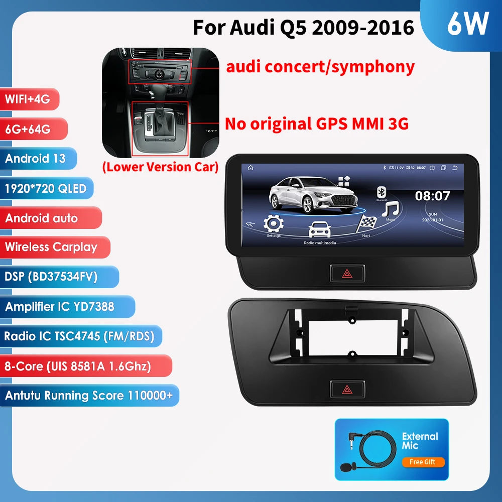 Hizpo AI Voice WIFI 4G-LTE Android 14Car Radio for Audi Q5 2009-2016 Multimedia Video Player GPS 2din BT Autoradio