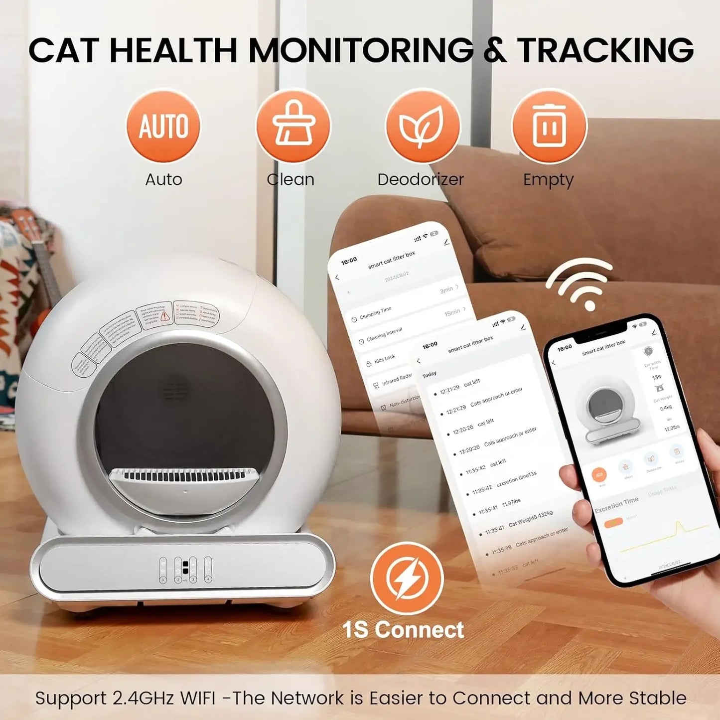 Automatische Kattenbak – Zelfreinigende Kattenbak – Slimme Kattenbak – Elektrische Kattenbak – Kattenbak Met App – Grote Inhoud 65L – Duurzaam Kunststof PP