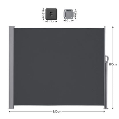 Uitschuifbaar Zijscherm – Balkonwand – Windscherm – Schaduwdoek – Privacywand – Waterafstotend Polyester – Roestvrij Stalen Frame - 180x350cm - Grijs
