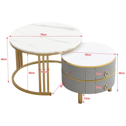 Salontafel – Koffietafel – Bijzettafel – Woonkamertafel – Rond – Set Van 2 – Met 2 Lades – MDF & Vurenhout – Groot 70x70x46 cm & Klein 50x50x40 cm