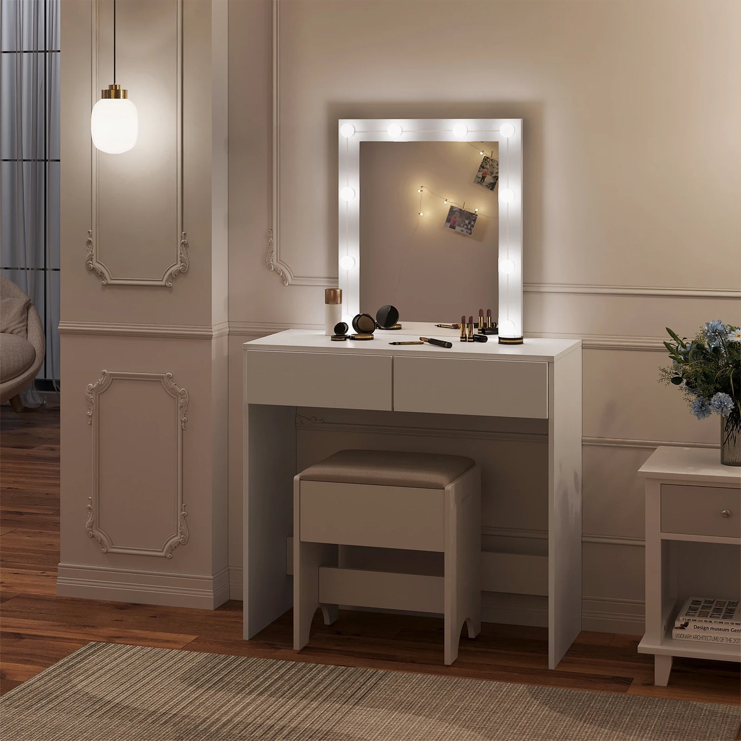 Kaptafel - met Spiegel - Cosmetic - Make Up - met 10 Dimbare LED Lampen - 80x132.5x39.5cm - met 2 Lades  - Opbergkast - Wit
