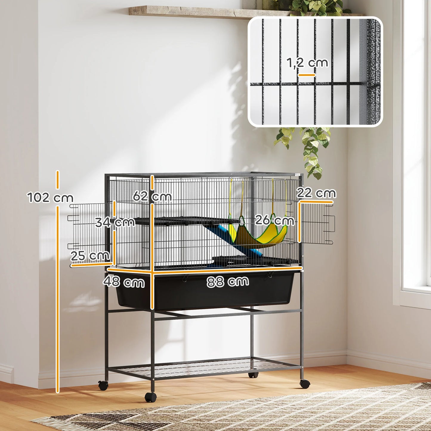 Dierenkooi – Kleine Dierkooi – Konijnenkooi – Fretkooi – Chinchillakooi – 3-Laags Met Vier Wieltjes – Diepe Uitneembare Bak - 88 x 48 x 102 cm - Donkergrijs