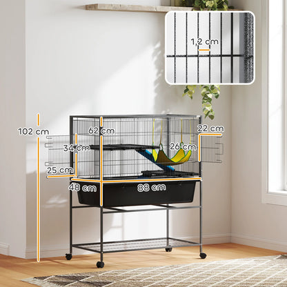 Dierenkooi – Kleine Dierkooi – Konijnenkooi – Fretkooi – Chinchillakooi – 3-Laags Met Vier Wieltjes – Diepe Uitneembare Bak - 88 x 48 x 102 cm - Donkergrijs