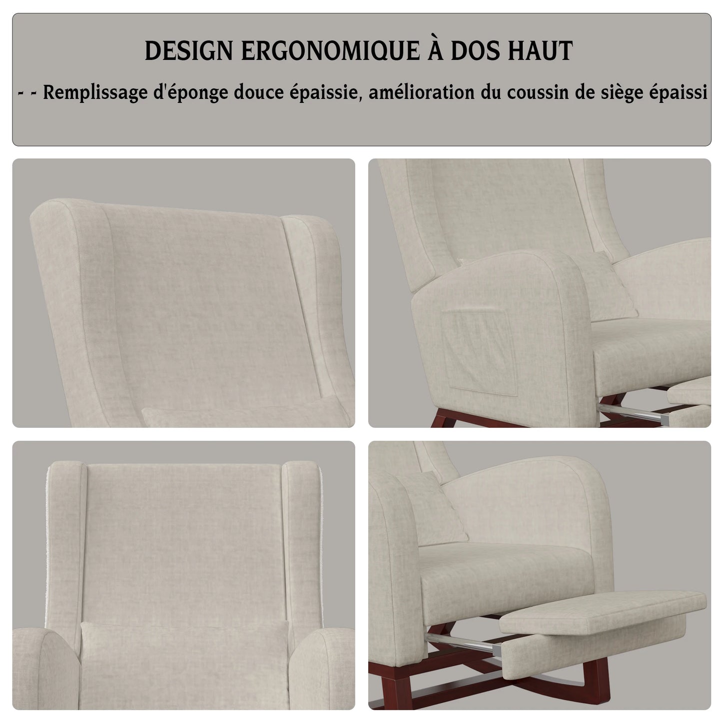 Schommelstoel – Relaxstoel – Fauteuil – Woonkamerstoel – Voedingsstoel – Beige Fluwelen Stoffering – Verstelbare Voetensteun & Lendenkussen