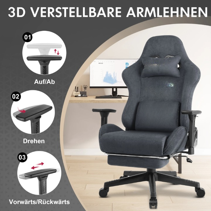 Gaming Stoel - Bureaustoel - Swivel Stoel - met Voetsteun - Verstelbare - Rugleuning - Lendenkussen - Ergonomische - Draaibare - 89 x 59 x 32.5 cm - Grijs