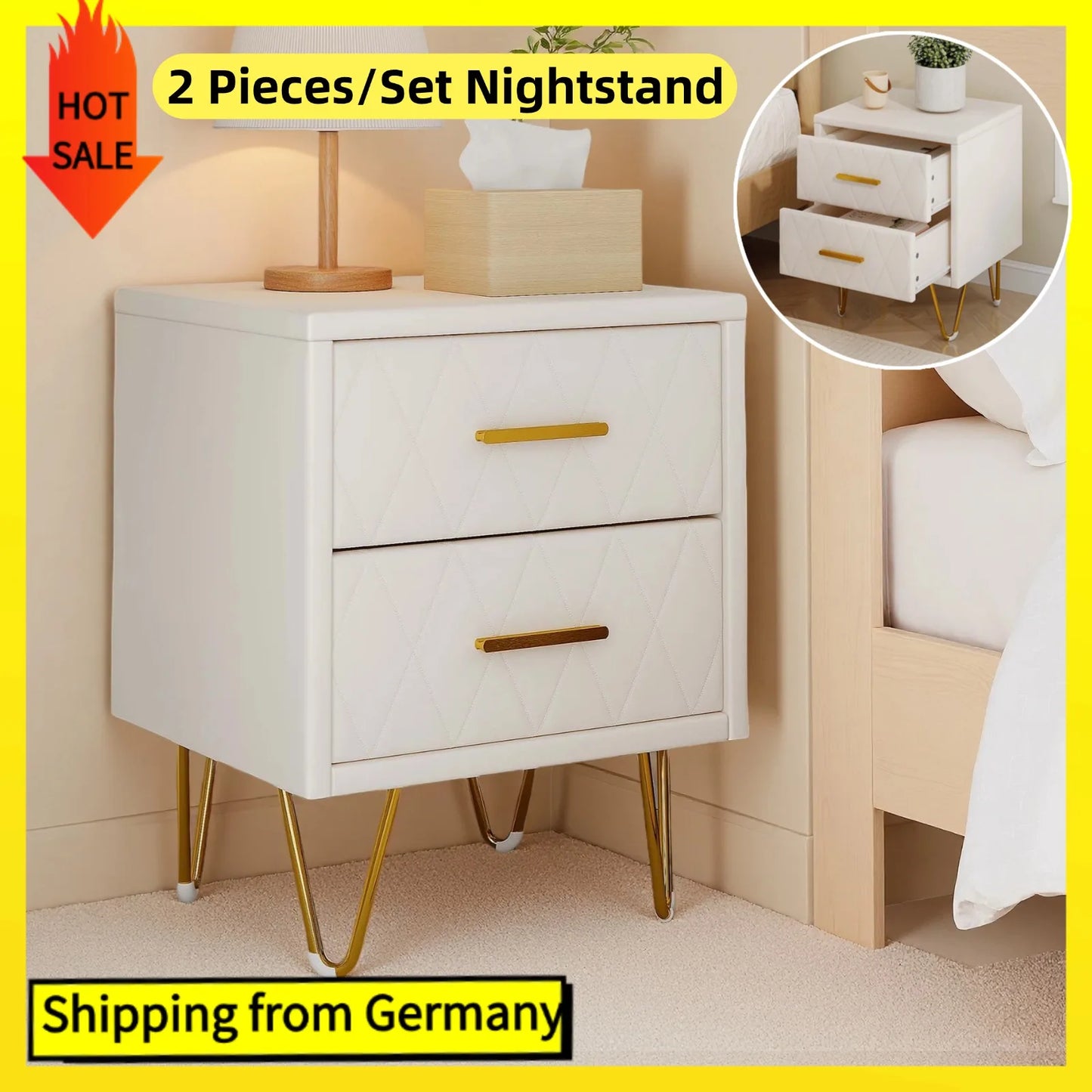 Nachtkastje – Bijzettafel – Ladekast – Nachttafel – Meubel – Set van 2 – 2 Lades – Beige Gestoffeerd – Gouden Metalen Pootjes – 41x35x51 cm
