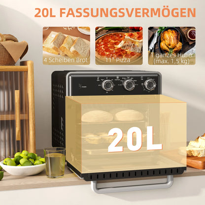 Mini Oven with Air circulation 20L Mini oven, 90°C-230°C hot air skillet, 5 modes, French fry basket, 1400W, metal