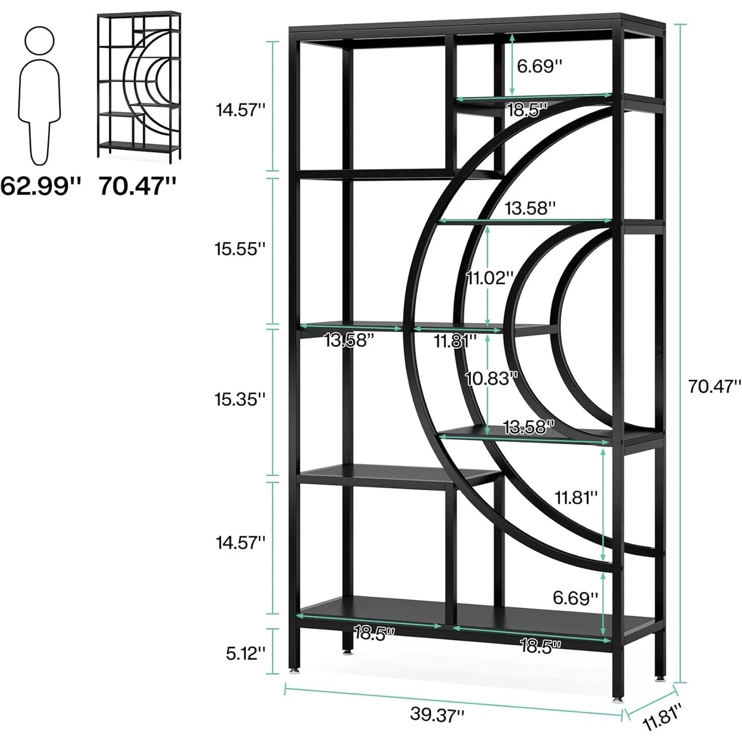 Boekenkast – Wandkast – Opbergkast – Boekenrek – Hout Met Metalen Frame – Verstelbare Pootjes – 9 Kg Draagkracht - 100 x 30 x 179 cm - Zwart