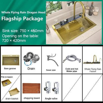 Stainless Steel kitchen Sink With Waterfall Golden Large Single Slot Multifunctional Digital Display Sinks 100*50CM