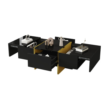 Zwart Hoogglans Salontafel – Koffietafel – Tafel – Woonkamertafel – Opbergtafel – 4 Lades – Compact MDF 100x50x35 cm
