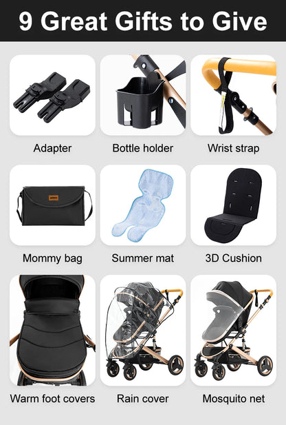 Kinderwagen - Kinderwagen 3 in 1 - Stroller - Opklapbare Wandelwagen - Luxe Kinderwagen - 3-in-1 Luxe Kinderwagen – Draagbare Reiswieg, Inklapbaar, Aluminium Frame voor Pasgeborenen