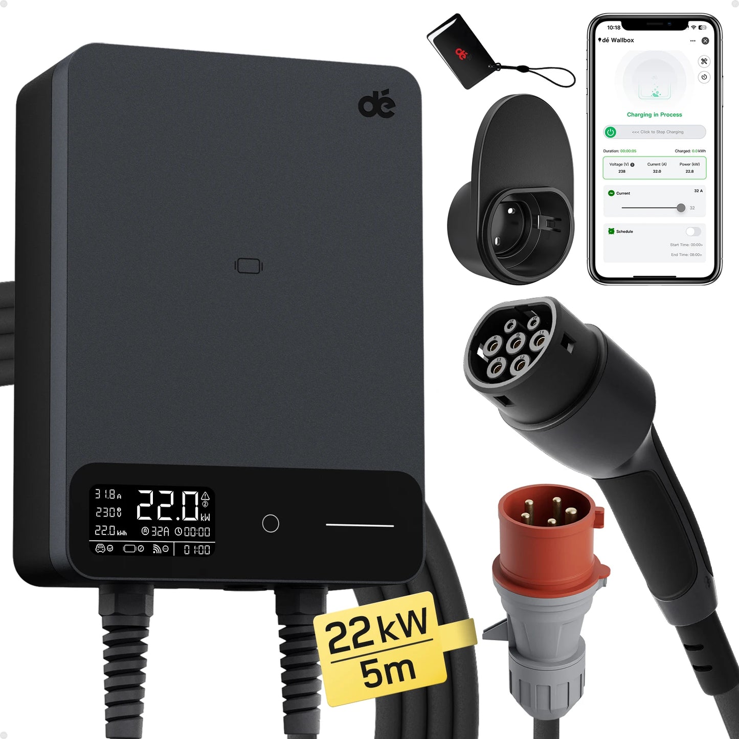 Wallbox Elektrische Autolader – EV Laadstation – Snellader – Oplaadpunt – Thuislader – 22 kW 32A – 5 Meter Type 2 Kabel – App Bediening – Veiligheid RCD Type-B