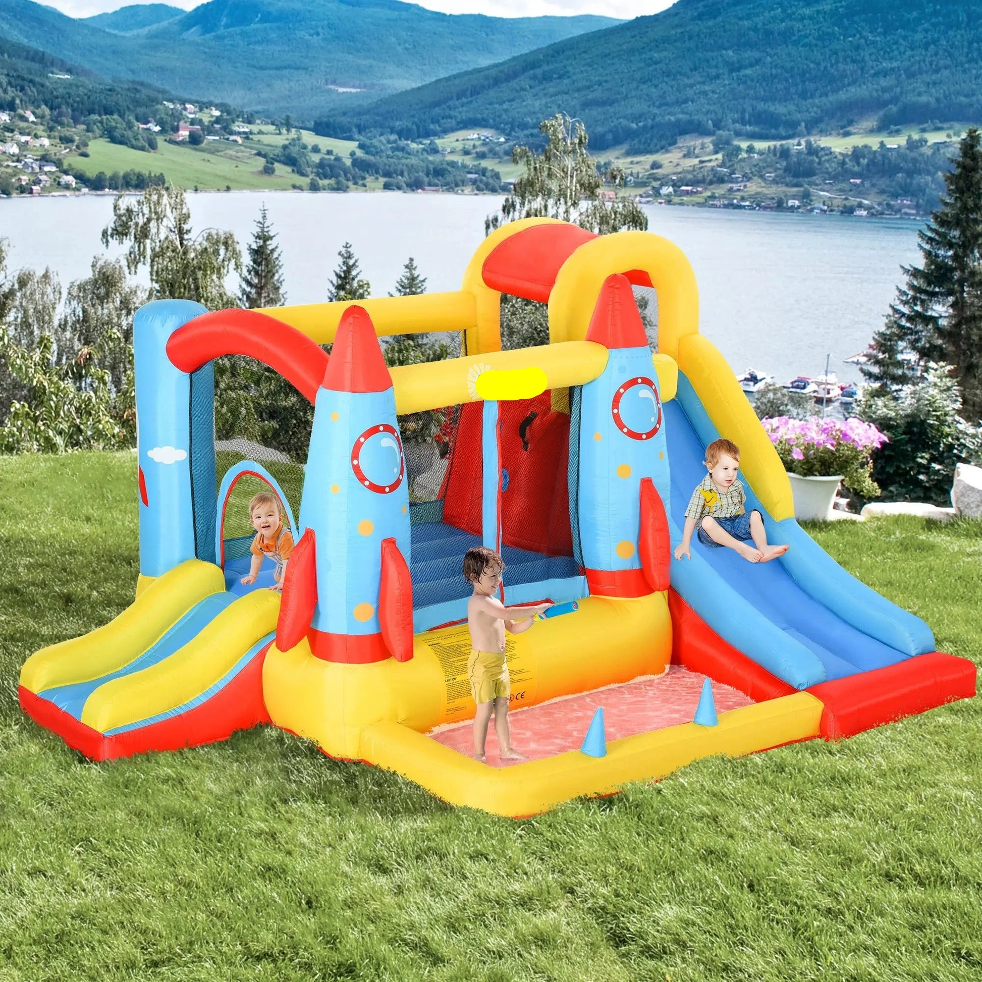 Opblaasbaar Kasteel – Speelhuis – Springkussen – Kinderspeeltoestel – Raketthema – 4 Kinderen – 330x265x185 Cm - QUORE