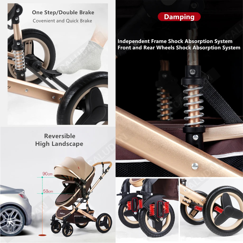 Kinderwagen - Buggy - Baby Kinderwagen 3 in 1 - Opvouwbare - Wandelwagen - Hoog Landschap Babywagen - voor Pasgeborenen - Zwart met Goud