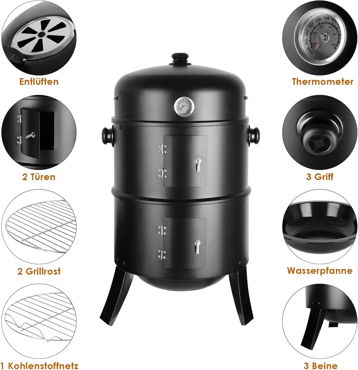 BBQ - BBQ Houtskool - Smoker - 3-in-1 - Ø45cm - Verticale - Barbecue -  met Thermometer, Deksel en 2 Roestvrijstalen Roosters – Klassiek Model voor Buiten - Rookoven - Ronde