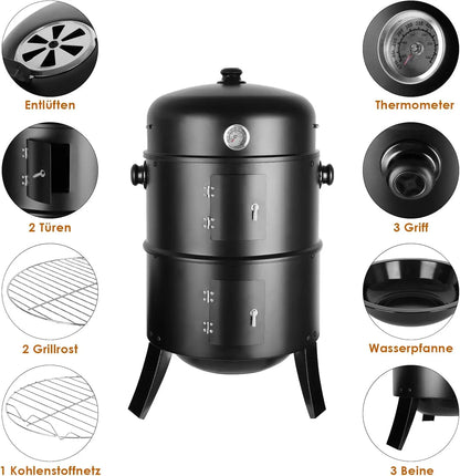 BBQ - BBQ Houtskool - Smoker - 3-in-1 - Ø45cm - Verticale - Barbecue -  met Thermometer, Deksel en 2 Roestvrijstalen Roosters – Klassiek Model voor Buiten - Rookoven - Ronde