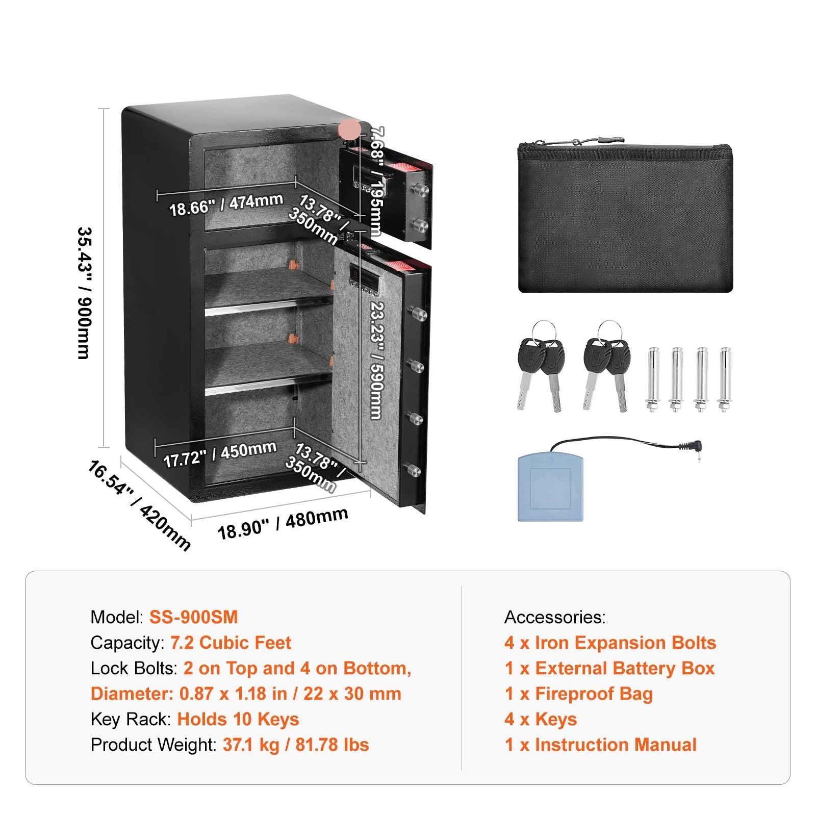 Veiligheidskluis - Kluis - Sleutelkluis - Sleutelkastje - 7.2CU.FT - met Dubbele Toegang - Sleutel, Wachtwoord & Vingerafdruk – Brandwerende Opbergbox met LED & Sleutelrek - QUORE