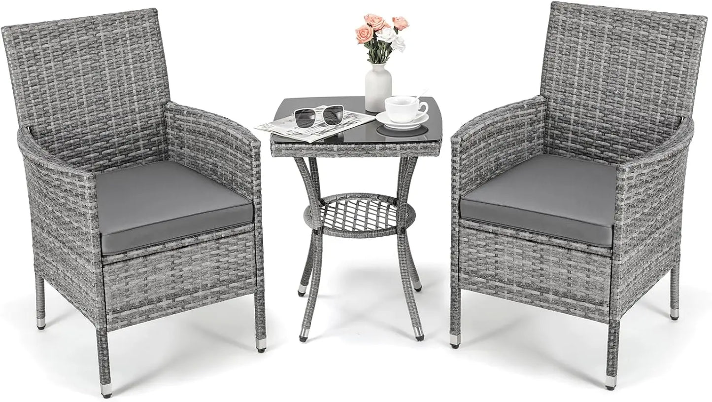 Loungesetje Tuin – Loungeset Balkon – Tuinmeubel – Buitenset – PE-Rattan – Metalen Frame – Glazen Tafelblad - QUORE