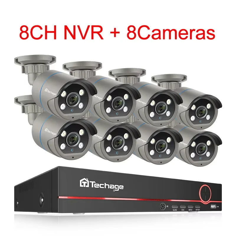 Комплект Techage 8CH HD 4MP POE NVR, система видеонаблюдения, H.265, обнаружение лиц, наружная двусторонняя аудио IP-камера, ком