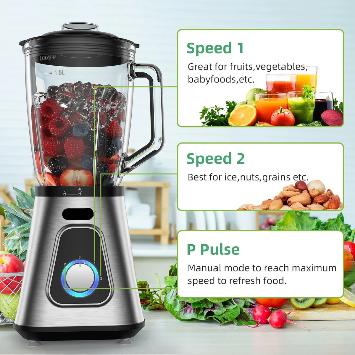 Slow Juicer - Juicer - Fruit- en groentesapcentrifuge - Sapcentrifuge - Heavy Duty - Commerciële kwaliteit - Mixer - Juicer - Fruitkeukenmachine - IJssmoothies - Smoothieblender - Glazen pot - 1300W - 1.5L - Lichtgrijs - QUORE