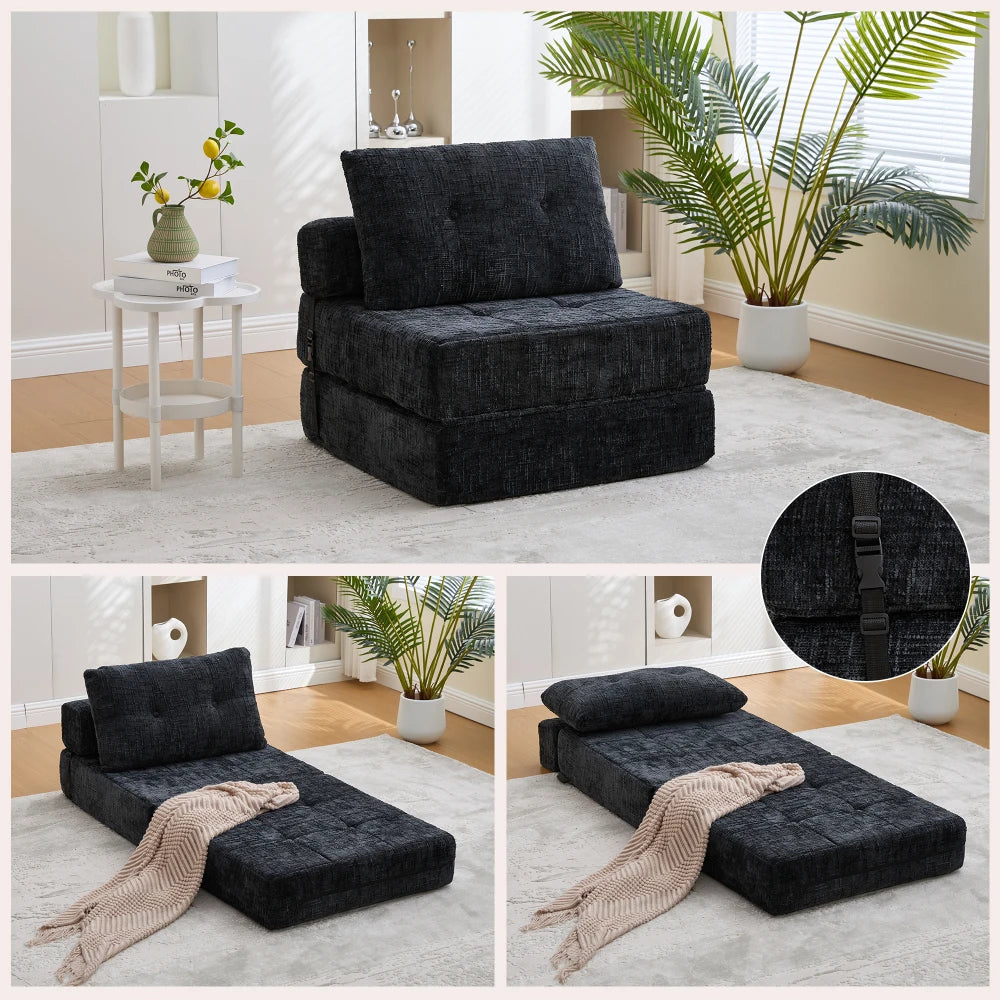 Slaapbank – Uitklapbare Bedbank – Opvouwbare Slaapstoel – Logeerbed – Zitzak – Comfortabel Schuimrubber – Inclusief Rugleuning en Kussen – Lichtgewicht en Compact – Zwart