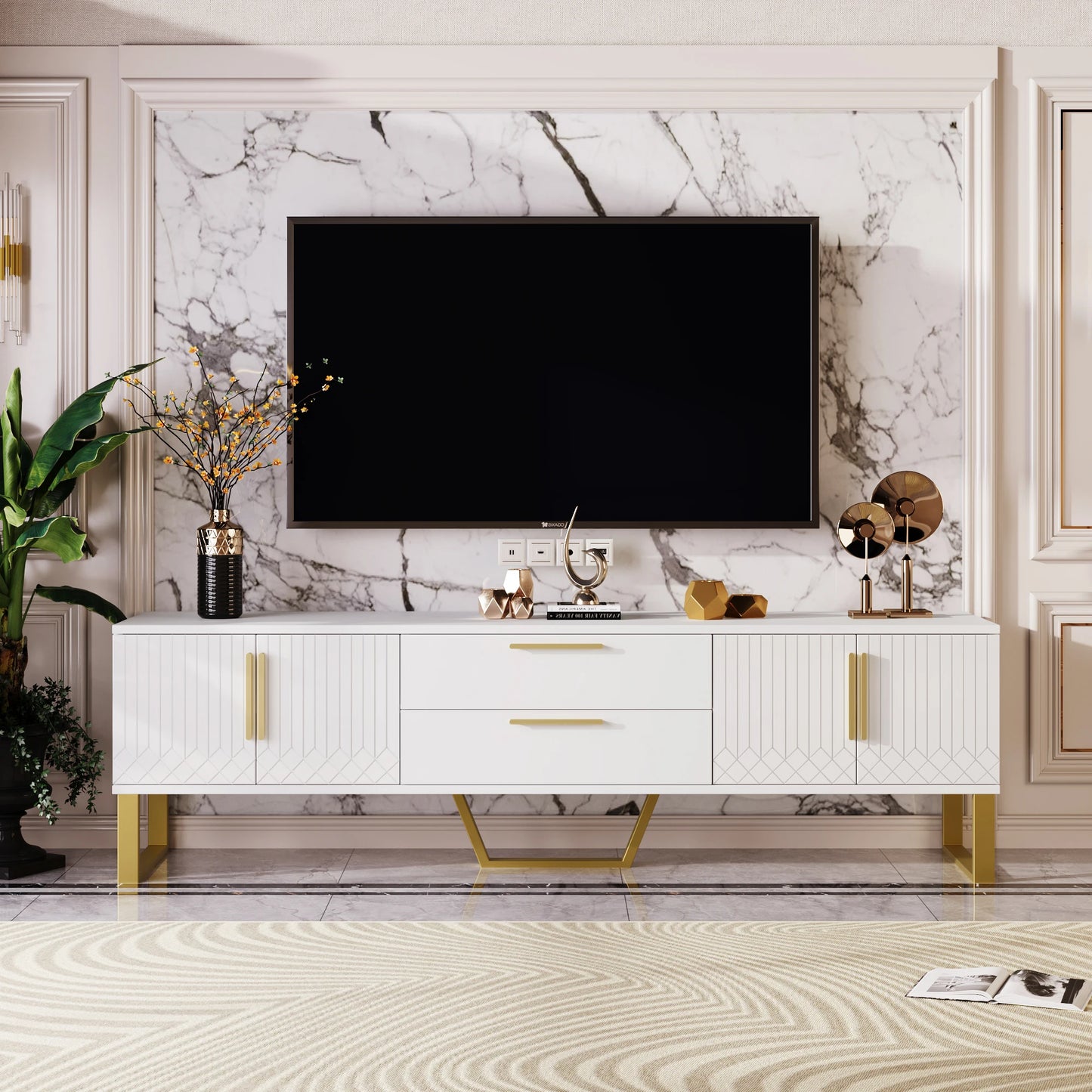 Hoogglans TV-meubel – Tv-kast – Media Meubel – Woonkamerkast – Opbergmeubel – Wit – MDF – 170x40x53 cm – 4 Deuren & 2 Lades