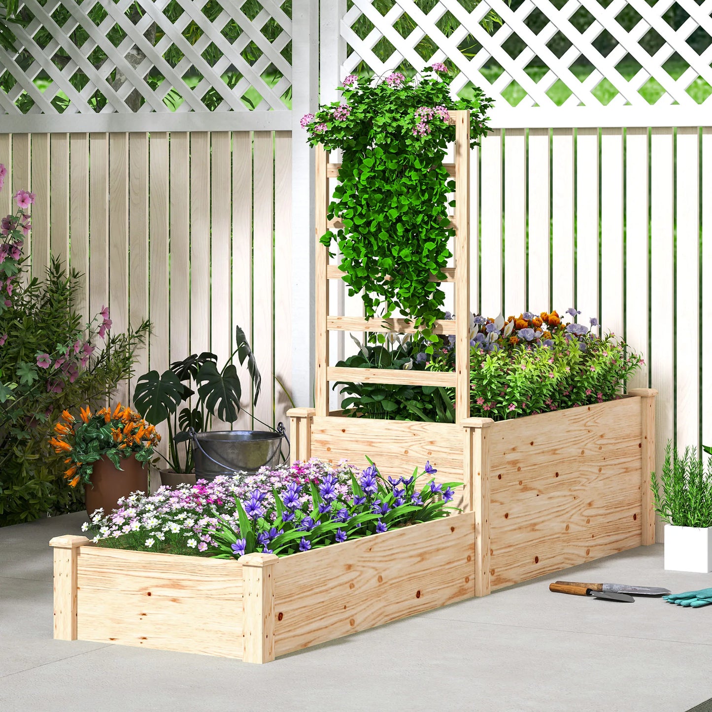 Dubbele Houten Plantenbak – Houten Tuinbak – Plantenbak Met Latwerk – Buitenbak – Twee Plantvakken – Verstelbaar Latwerk – Vurenhout