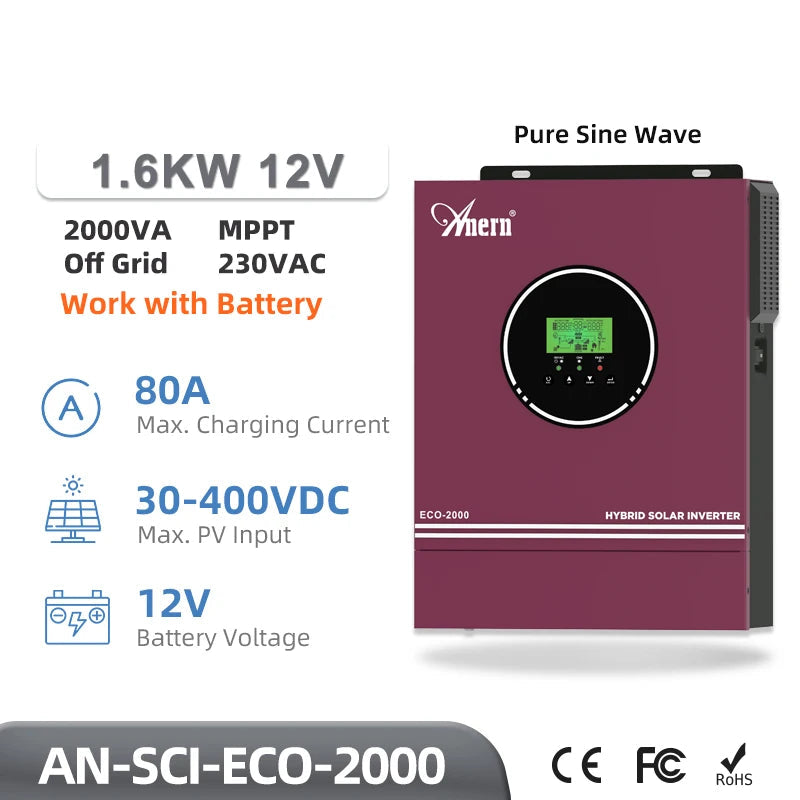 Hybride Zonne-Omvormer – Solar Inverter – Off-Grid Omvormer – Pure Sinus Omvormer – Accu Omvormer – 1.6 KW No WiFi – Mppt Lader 80A – 230VAC Uitgang - QUORE