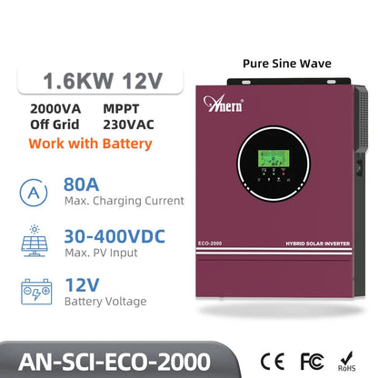 Hybride Zonne-Omvormer – Solar Inverter – Off-Grid Omvormer – Pure Sinus Omvormer – Accu Omvormer – 1.6 KW No WiFi – Mppt Lader 80A – 230VAC Uitgang - QUORE