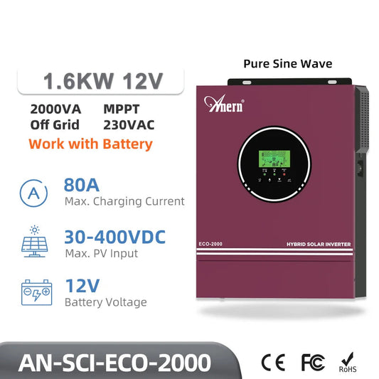 Hybride Zonne-Omvormer – Solar Inverter – Off-Grid Omvormer – Pure Sinus Omvormer – Accu Omvormer – 1.6 KW No WiFi – Mppt Lader 80A – 230VAC Uitgang - QUORE