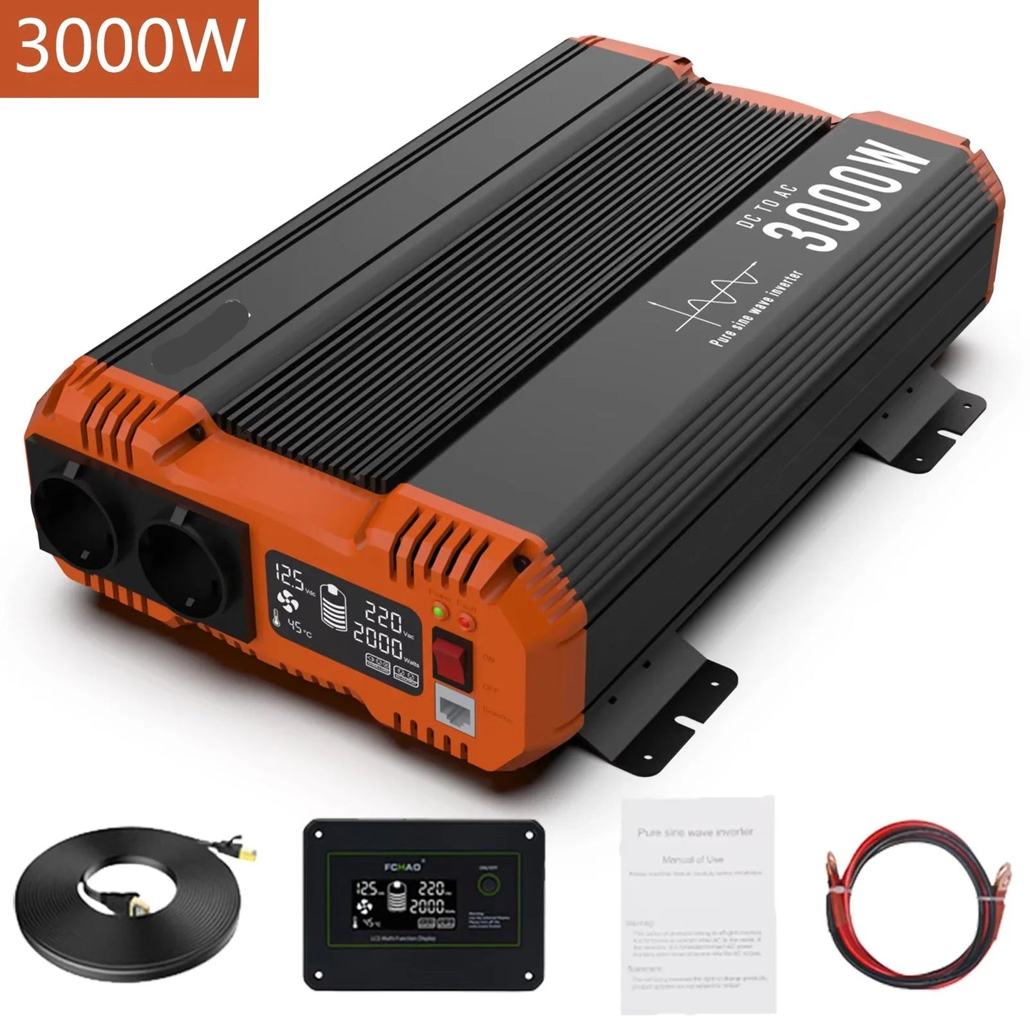 Omvormer 12V Naar 220V – Pure Sinusgolf Omvormer – Spanning Omzetter – Camping Stroomvoorziening – 3000W Continu Vermogen – LCD-Display