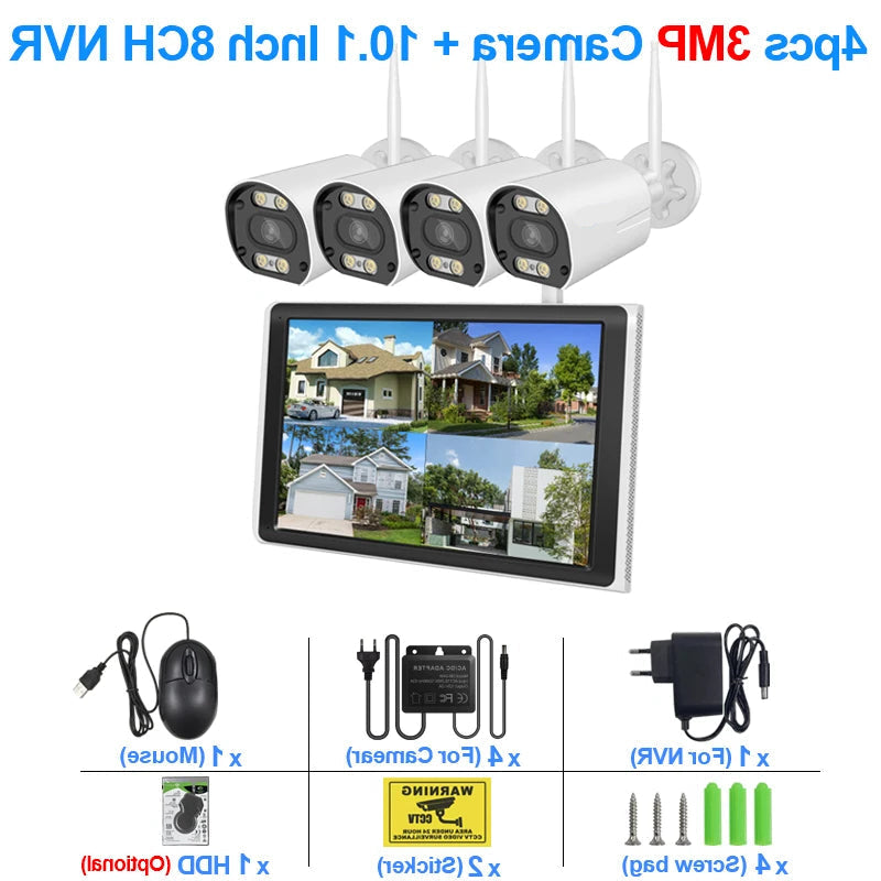 Beveiligingscamerasysteem - Draadloos - 3MP -  8CH NVR en 10.1” LCD - Openlucht- IP66 Waterdichte - Wifi - Bewakingscamera - Beveiligingscamera - Full Color Nachtzicht en Gezichtsdetectie - Zonder Harde Schijf - 4 Stuks - Wit - QUORE