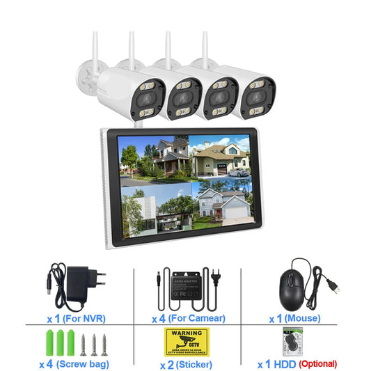 Beveiligingscamerasysteem - Draadloos - 3MP - 8CH NVR en 10.1” LCD - Openlucht- IP66 Waterdichte - Wifi - Bewakingscamera - Beveiligingscamera - Full Color Nachtzicht en Gezichtsdetectie - 500GB HDD - 4 Stuks - Wit - QUORE