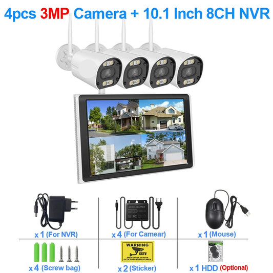 Beveiligingscamerasysteem - Draadloos - 3MP - 8CH NVR en 10.1” LCD - Openlucht- IP66 Waterdichte - Wifi - Bewakingscamera - Beveiligingscamera - Full Color Nachtzicht en Gezichtsdetectie - 1TB HDD - 4 Stuks - Wit - QUORE
