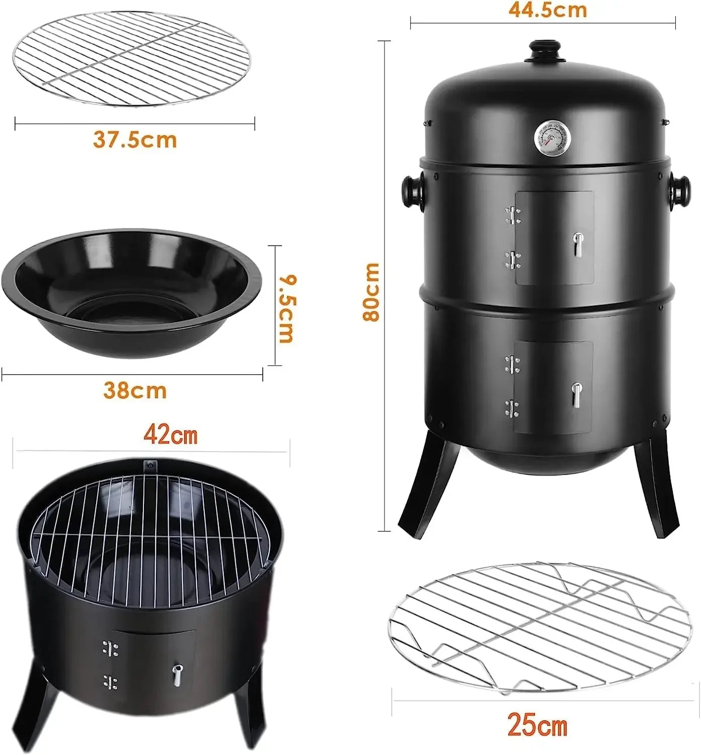 BBQ - BBQ Houtskool - Smoker - 3-in-1 - Ø45cm - Verticale - Barbecue -  met Thermometer, Deksel en 2 Roestvrijstalen Roosters – Klassiek Model voor Buiten - Rookoven - Ronde