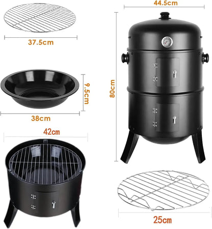 BBQ - BBQ Houtskool - Smoker - 3-in-1 - Ø45cm - Verticale - Barbecue -  met Thermometer, Deksel en 2 Roestvrijstalen Roosters – Klassiek Model voor Buiten - Rookoven - Ronde